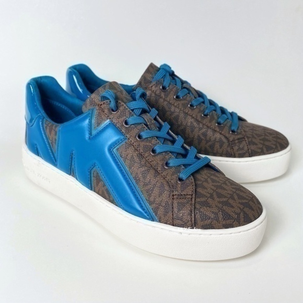 Michael Kors Poppy Logo and Faux Patent Leather Sneakers Shoes size 9 in Lagoon - Picture 2 of 9